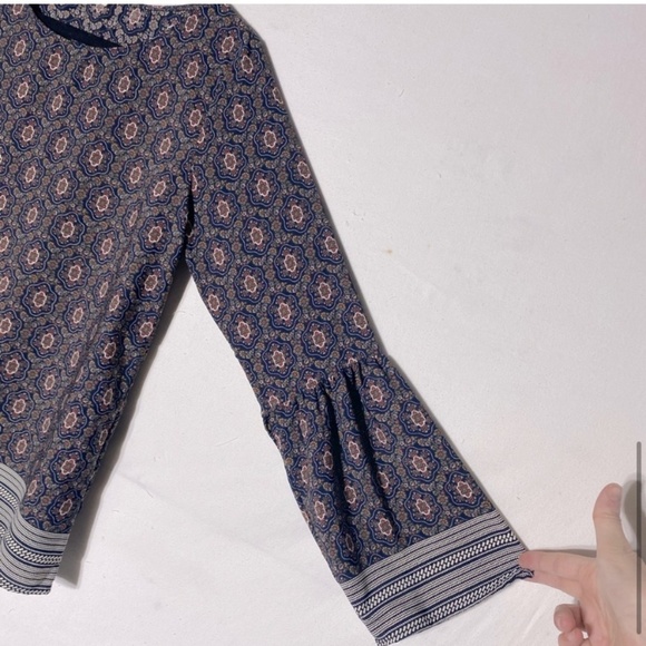 Les Amis Navy Blue Brown Cream Print Long Bell Sleeve Boho Blouse S - Picture 9 of 14